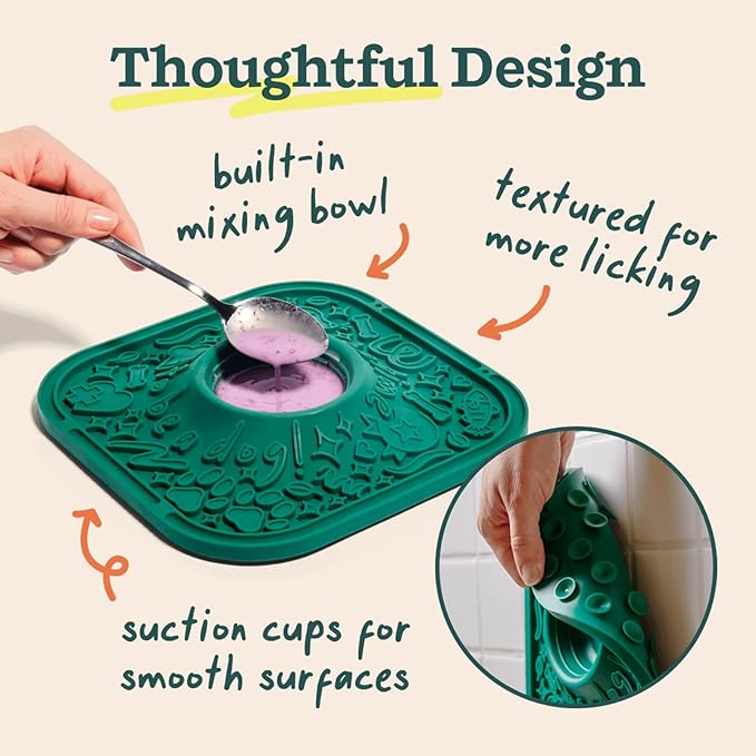 Woof Lick Mat and Calming LickMix Starter Pack Bundle - Dog Enrichment and Spread - Slow Feeder Mat with Non-Slip Design - Delicious, Lower Calorie Mix -Green