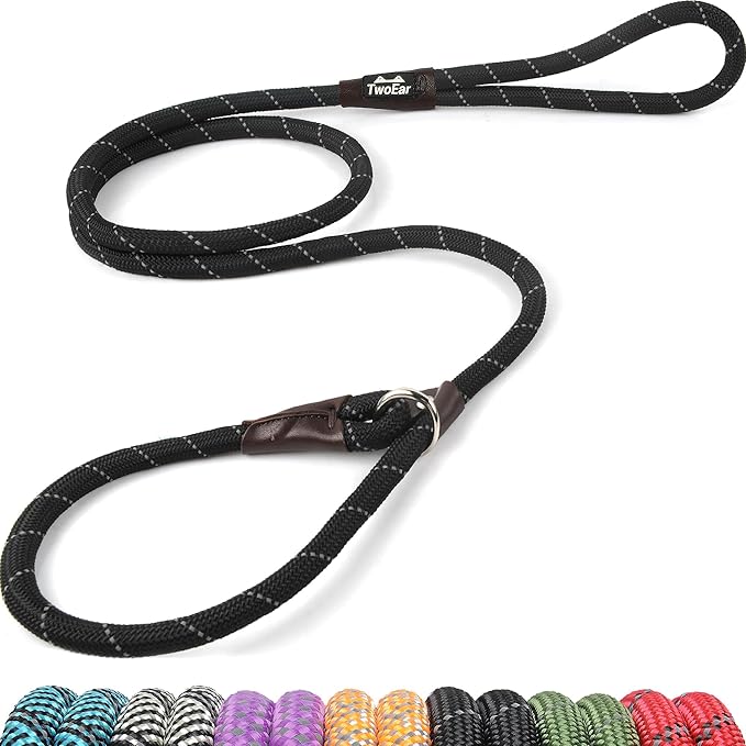 TwoEar Slip Leads for Dogs, 1/2" x 6FT Slip Leash for Large Dogs with Highly Reflective Threads, Comfortable Strong Rope Slip Leads, No Pull Pet Training Leash, Black