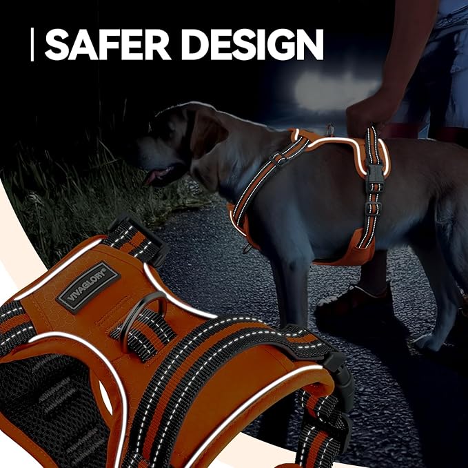 VIVAGLORY Dog Harness Easewalk No Pull Dog Harness with Handle & Front Back Clip for Training Lifting, Easy On Adjustable Padded No Pull for Pet & Puppy, M, Orange