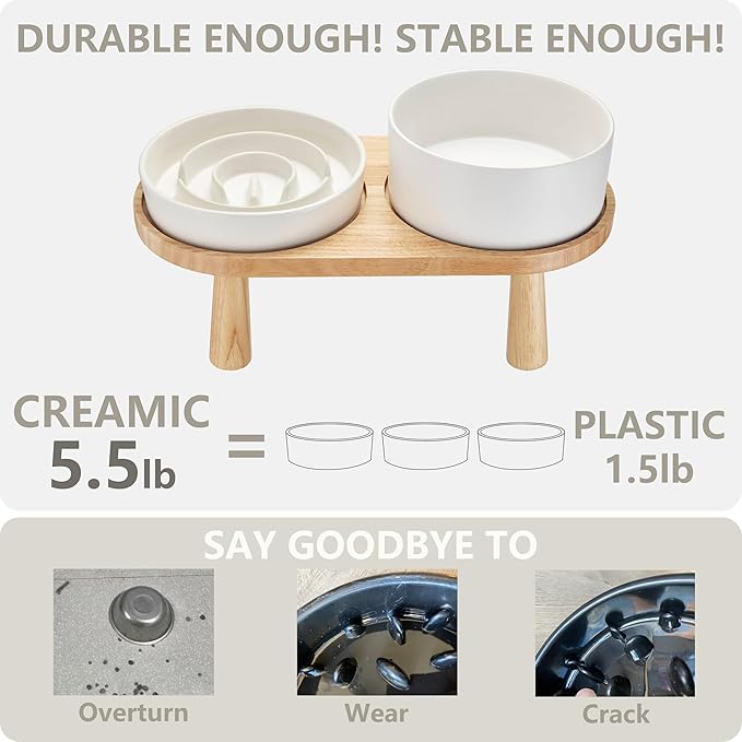Ceramic Slow Feeder and Water Bowl Set for Small Dogs, 6.0inch Ceramic Dog Bowls Elevated with Wooden Stand, 0.6 Cups Dog Slow Feeder(14oz) and 30oz Water Bowl Set, White