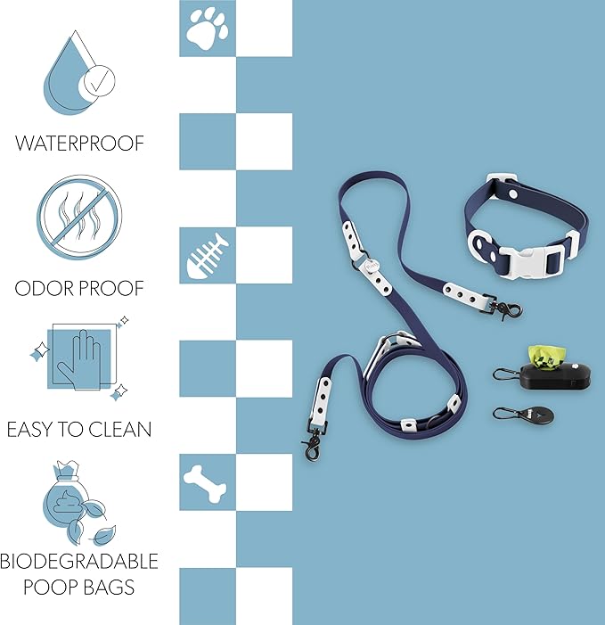 WLK1005J-5SET Luna Medium 8FT Adjustable 6-in-1 Waterproof Hands-Free Leash and Collar with LED Flashlight, Bag Dispenser, and Poop Bag Holder, Highball