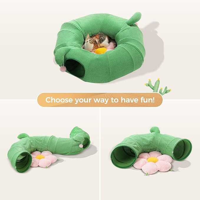 PEQULTI Cat Tunnel, Cactus Cat Tunnel with Flower Bed for Indoor Cats, Cat Donut Tunnel, Round Tube Toys Cute Tube for Kittens, Puppies, Rabbits and Ferrets, Green