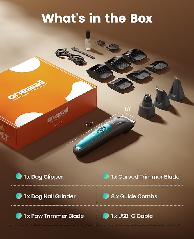 oneisall Professional Dog Grooming Kit at Home: All-in-One Quiet Clippers & Nail Grinder with LED Light, 2000mAh Cordless Dog Shaver, Safe Poodle Grooming Kit for Paws, Face, Ears & Body