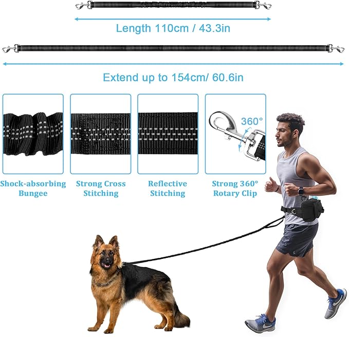 ETACCU Hands Free Dog Leash with Zipper Pouch, Waist Belt for Large Medium Dogs for Running, Walking, Jogging and Hiking, Dual Padded Handles and Durable Bungee - Black (1 Dog Black)