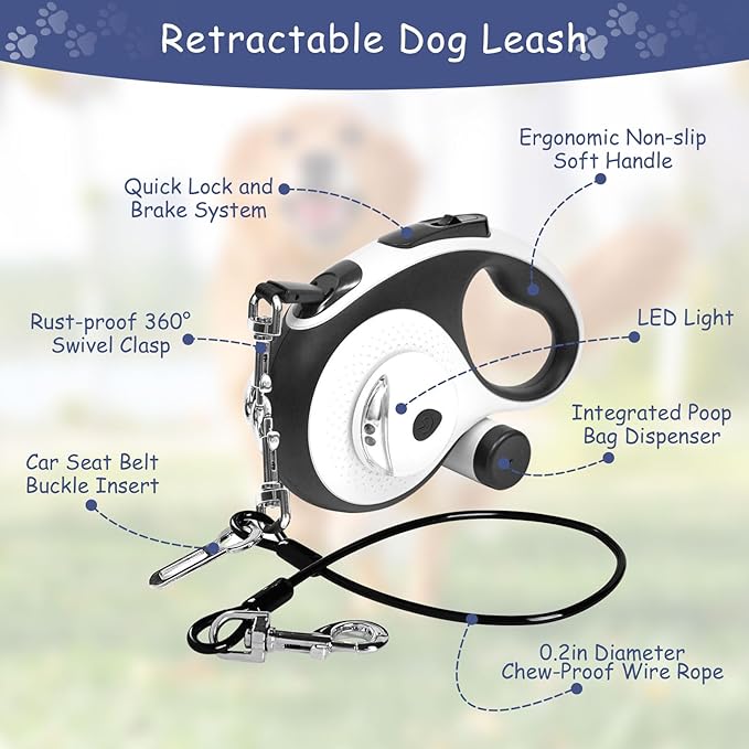 26Ft Retractable Dog Leash - for Dog Up to 110lbs, Tangle Free Walking Leash with Chew Proof Cable | LED Light | Dispenser | Poop Bags, Quick Lock Braking & Non-Slip Handle (White)