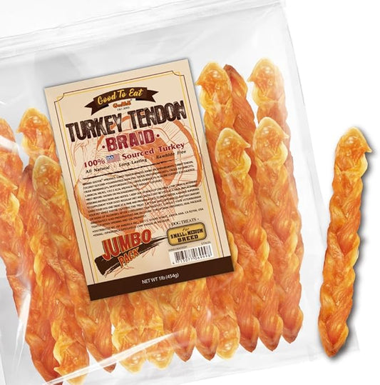Gootoe Turkey Tendons for Dogs –All-Natural, Hypoallergenic Dog Treats, Rawhide Alternative, Long Lasting Puppy Chews, Healthy Dog Treats for Medium Breeds, Braid (M), 16 oz Pack (1 lb)