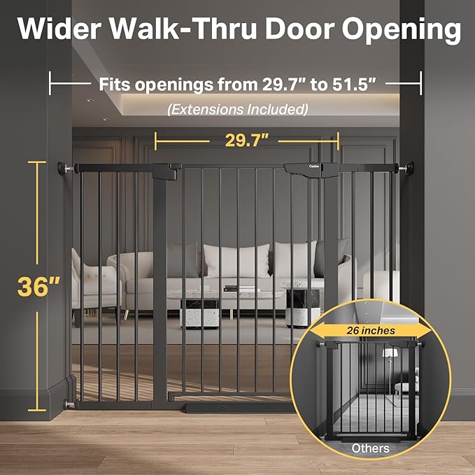 Cumbor 36" Extra Tall 29.7"-51.5" Baby Gate for Stairs, Easy Wall Through Dog Gates for Doorways Extra Wide, Pressure Mounted Tall Pet Gate Indoor, Safety Auto-Close Child Gate for Kids, Black