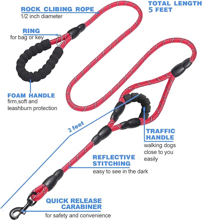 JSXD 5 FT Heavy Duty Double Handle Dog Leash with Comfortable Padded and Reflective Rope, for Small to Large Dogs (Rope-Red)