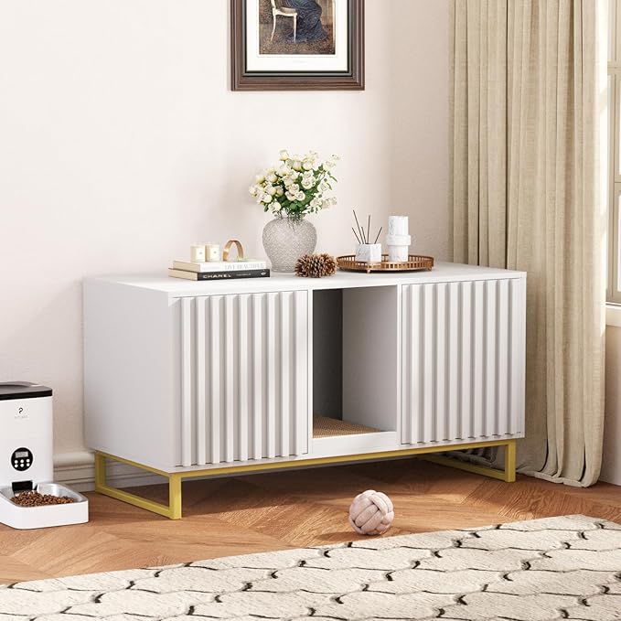 Double Litter Box Enclosure,Modern Cat Litter Box Enclosure for 2 Cats, Hidden Litter Box with Cat Scratch Pad, Cat Washroom Cat House End Table, Entryway Bench for Livingroom (White)