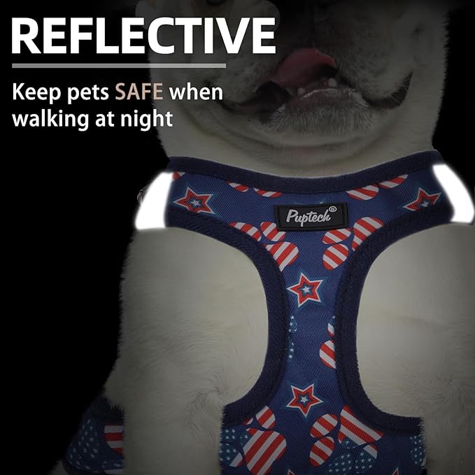 PUPTECK Dog Harness and Leash Set for Small Medium Dogs No Pull Step-in Soft Mesh Puppy Cat Vest Harnesses Reflective at Night, Stars and Strips, Blue, M