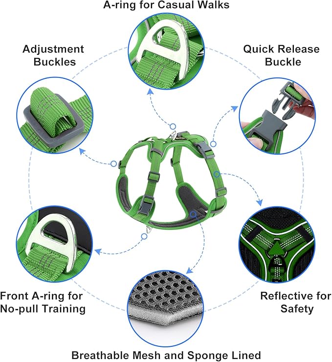 Plutus Pet No Pull Dog Harness, Release at Neck, Soft Padded, Reflective Adjustable Dog Vest Harness for Small, Medium, Large Dogs(Green, L)