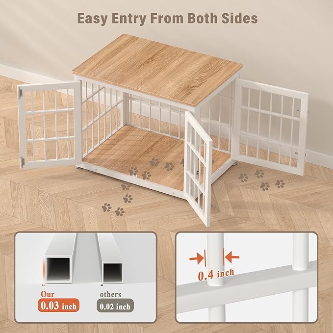 32 Inch Heavy Duty Dog Crate Furniture for Medium and Small Dogs, Decorative Pet House End Table, Wooden Cage Kennel Furniture Indoor, Natural and White