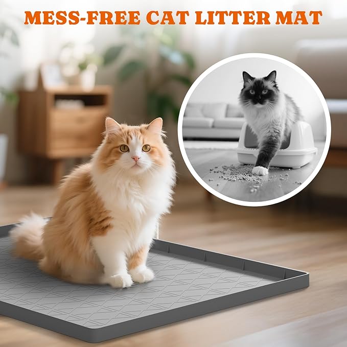 Cat Litter Mat, Large 34" x 22" Litter Box Mat, 2 Packs Cat Litter Box Mat, Non-Slip Kitty Litter Mat for Floor, Easy to Clean, Waterproof & Urine-Proof Cat Litter Mat Litter Trapping Mat, Gray