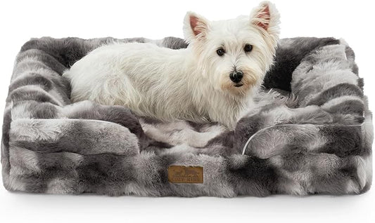 Orthopedic Dog Bed for Medium Small Size Dog, Soft and Warm Faux Fur Sofa for Pet Up to 40 lbs, Foam Bolster Anti-Slip Couch with Washable Removable Cover, M 30x20x6.5 inch, Tie Dye Grey