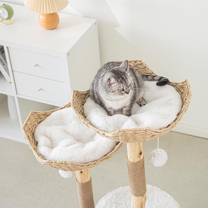 Modern Cat Tree for Indoor Cats Large Adult, 46.5" Tall Wooden Cat Tower for Large Cats with Scratching Post, Luxury Cat Condo, White