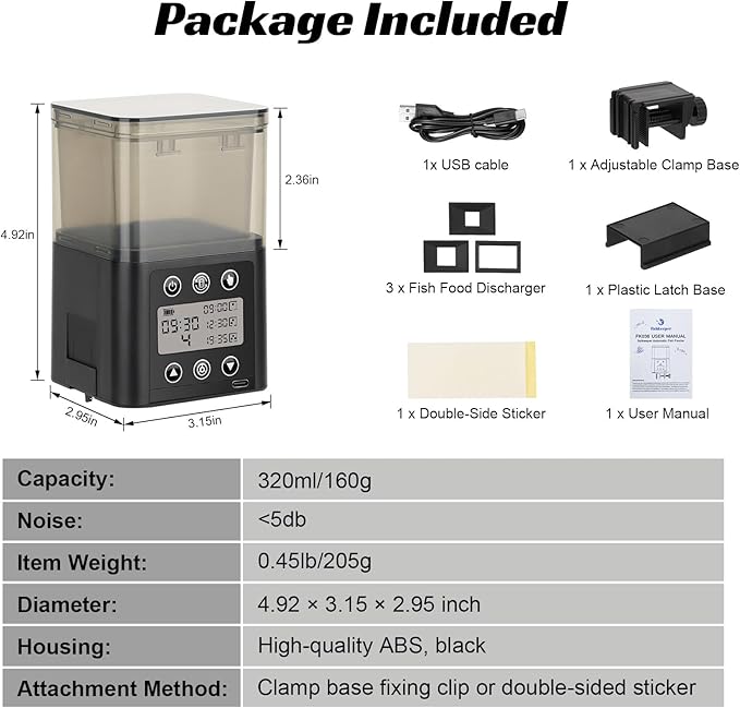 Smart Automatic Fish Feeder for Aquarium - [2025 Upgraded] 320ml Large Capacity & USB Rechargeable Fish Feeder Automatic Dispenser with LCD Display, Programmable Timer for Frequency & Portion Control