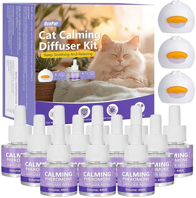 OcePor 12 Refill Solutions,3 Plugs- Cat Pheromones Calming Diffuser Refill, cat Diffuser Calming,pheromone Diffuser to Calm Cats,cat Anxiety Relief