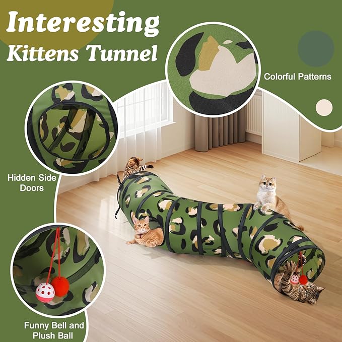 Pawaboo Cat Tunnel, S-Shaped Cat Tube Tunnel 25 * 97cm(9.8''*38.2'') with Balls and Bells, Collapsible Portable Kitten Play Tent Toy Interactive Cats House with Peep Holes for Kitty, Leopard Print