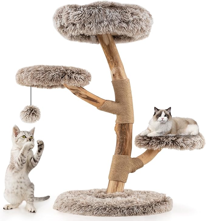 Tangkula Solid Wood Cat Tree, Multi-Level Modern Cat Tower with Scratching Posts, Cozy Top Perch, 2 Platforms, Dangling Ball, Soft Long Plush, Natural Branch Cute Cat Tree for Indoor Kittens