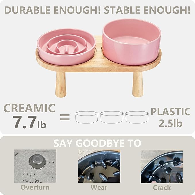Ceramic Slow Feeder and Water Bowl Set for Medium and Large Dogs, 8.0inch Ceramic Dog Bowls Elevated with Wooden Stand, 2.0 Cups Dog Slow Feeder(30oz) and 70oz Water Bowl Set, Pink