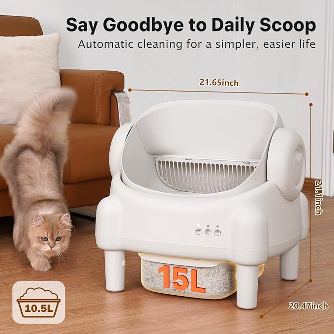Self Cleaning Litter Box,Open Top Automatic Litter Box with App Control for Multiple Cats, Safety Sensors Protection, Odor Control Includes 2 roll Liners,Large Waste Bin, Cream White