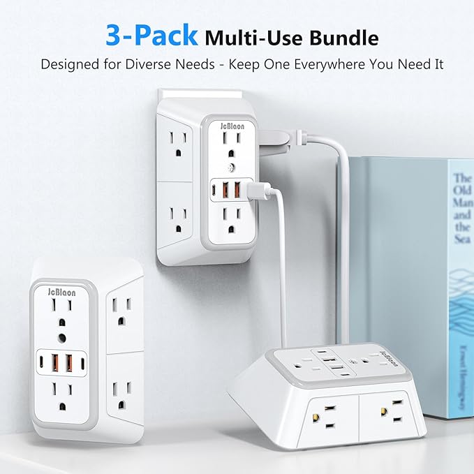 3 Pack Surge Protector Outlet Extender, 6 Outlet Splitter with 4 USB Ports (2 USB C), Multi Plug Wall Outlet 1050J Power Strip, USB Wall Charger for Home Office Kitchen Travel