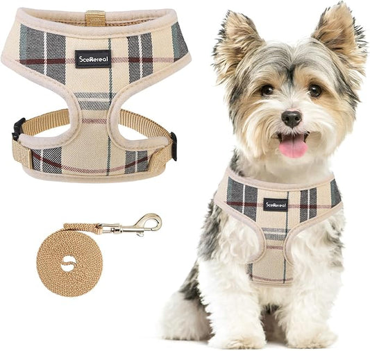 SCENEREAL Puppy Dog Harness with Leash Set for Small Medium Sized Dogs, Soft Mesh Step in Pet Harnesses and Leash, No Chock Plaid Adjustable No Pull Vest for Dogs Cats, Chihuahua,Bulldog (Beige S)