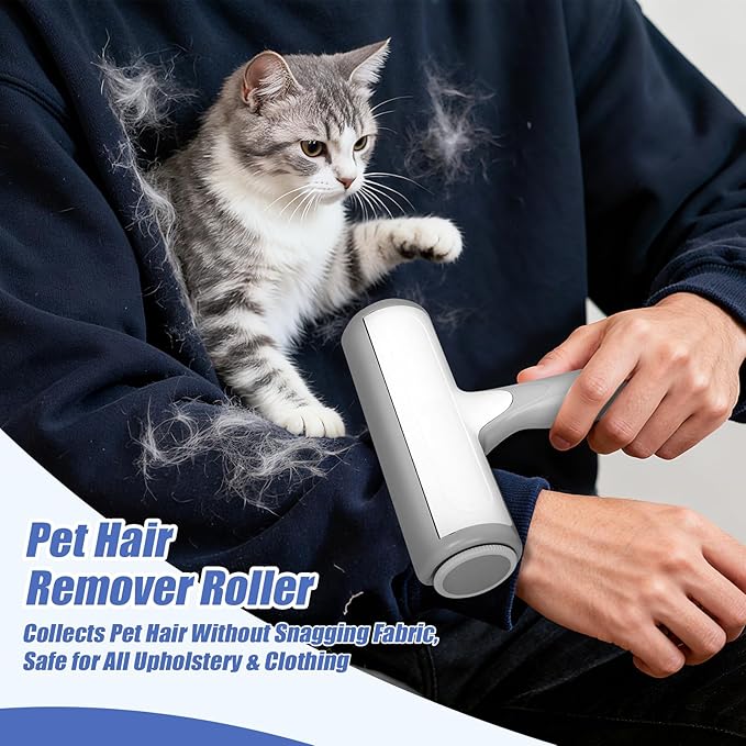 Pet Hair Removal Tool, Self Cleaning Pet Hair Remover, Reusable Lint Roller with Large Capacity Dust Bin, Ergonomic Grip for Furniture, Car Seats, Sofa, Carpet, Bed (Grey/White)