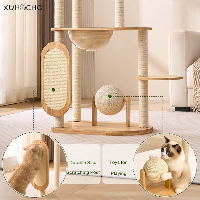Modern Cat Tree with Scratching Post, Solid Rubber Wood Cat Tree Tower for Indoor Cats with Cotton Nest, Space Capsule, Cat Scratching Ball and Board