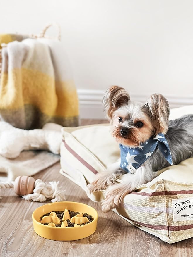 Ceramic Slow Feeder Dog Bowls Small Breed, 0.5 Cups Dog Food Dish for Fast Eaters, Puzzle Bowl for Small Dogs and Cats, 5.5 Inch-Yellow