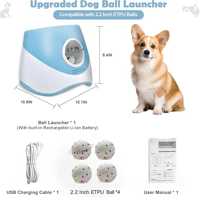 Automatic Dog Ball Launcher for Samll to Medium Dogs, Upgraded Interactive Toy Balls Thrower, Distance Adjustable Mental Stimulating Dog Toys with 4 Etpu Balls 2.2 Inch (Blue)