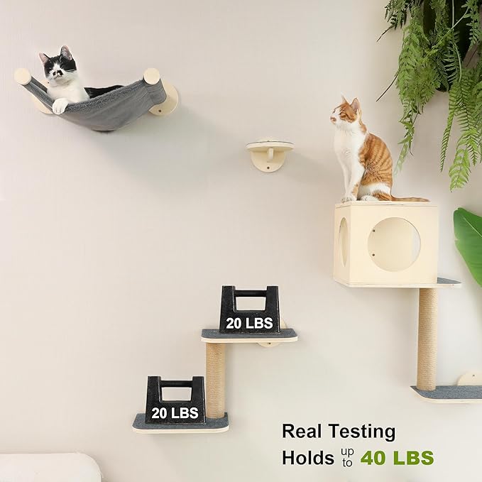 FUKUMARU Cat Wall Shelves, 5-Piece Stable Wooden Wall-Mounted Furniture Set, Kitty Climber with Hammock, House, Steps, Scratching Post (Gray)