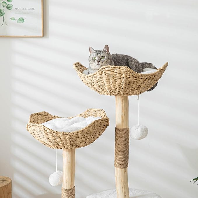 Cat Tree Tower, 46 inch Modern Cat Tree for Indoor Cats Large Adult, Luxury Cat Condo with Scratching Post, Real Solid Wood Branch Indoor Boho Furniture, Climbing Tower, White