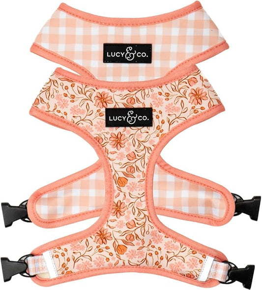 Lucy & Co. Cute Reversible Dog Harness Walking Halter - Best Designer Pet Harnesses for XS - XL Dogs - Padded Adjustable Vest for Easy Walking-XLarge-Peach Pink Floral Plaid