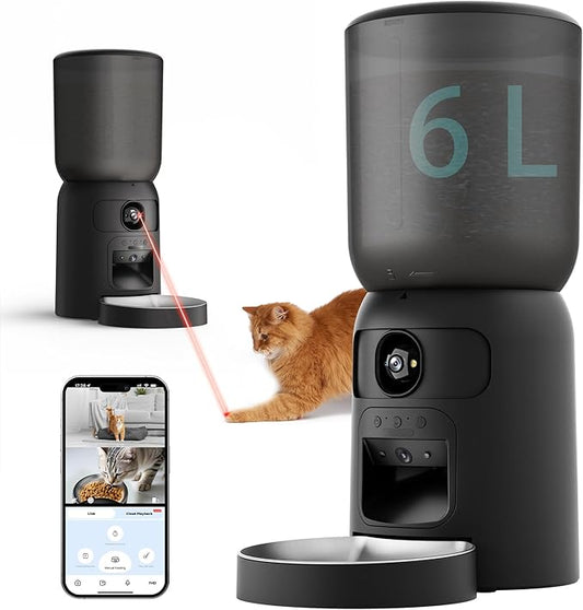 Smart Pet Feeder with Dual Camera & AI Recognition, 6L Automatic Cat Dog Feeder with App Control, 2.4G/5G WiFi, Voice Message, Pet Interaction, Motion Tracking, No Clog, Dual Power, for Multi-Pet