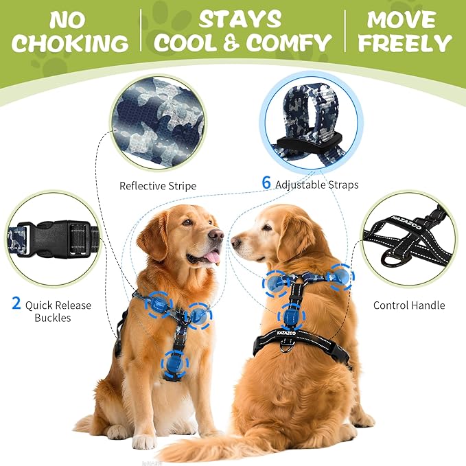 No-Pull Harness,Y-Shaped Design,Buckle-Neck Balance Harness with Reflective Stitching, Ideal for Dog Training and Night Walking, Padded Handle, Durable High-Tensile Nylon-Blue Camo-S