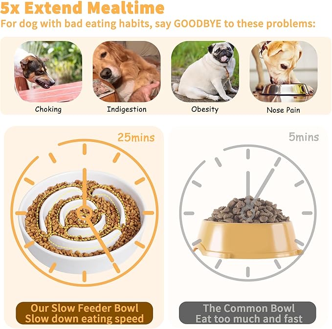 Elevated Slow Feeder Dog Bowl - Ceramic Food Dish with Bamboo Stand - Raised Maze Design - Ideal for Medium to Large Dogs - White - 8.8 inch