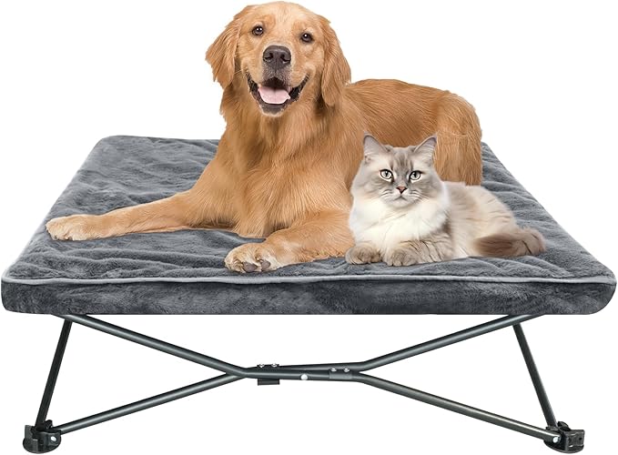 unp Foldable Dog Bed Pop up - 36 x 36 x 10 inch Elevated Pet Cot Outdoor Breathable - Removable Plush Pad & Carrying Bag Raised Dog Camping Bed (Grey, L PRO)