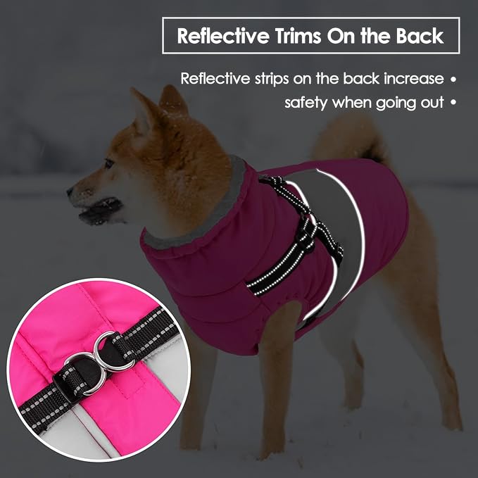 SUNFURA Dog Jacket, Large Dog Coat with Harness Built in, Warm Pet Winter Jacket Zippered Snow Coat with Furry Collar, Waterproof Fleece Snowsuit for French Bulldog, Hot Pink L