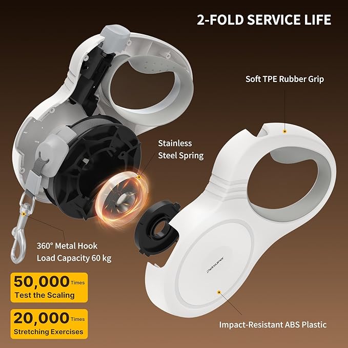 16Ft Retractable Dog Leash for Small, Medium & Large Dogs with One-Hand Brake Lock, Ergonomic Comfort Grip Handle, 360° Tangle-Free Swivel and Strong Nylon Tape (White)