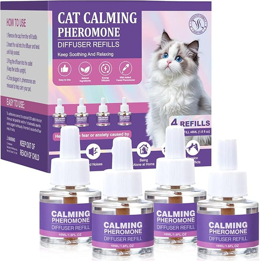 Cat Calming Pheromone Diffuser Refills 4 Pack Anxiety and Stress Calming for Cats Reduce Inappropriate Peeing and Spraying Fragrance Free for Bedroom Bathroom Reduces Conflict in Multi-Cat Households