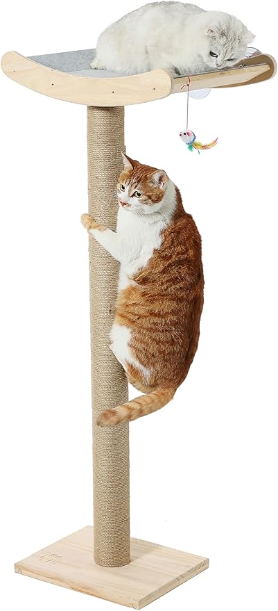 Window Cat Perch with Scratching Posts, 46" Wood Tree Bed for Maine Coon Big Cats Perching and Lounging, Mounted with 3 Strong Suction Cups (Wood Platform)