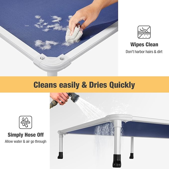 Veehoo Chew Proof Elevated Dog Bed - Cooling Raised Pet Cot - Silver Aluminum Frame and Durable Textilene Mesh Fabric, Unique Designed No-Slip Feet for Indoor or Outdoor Use, Blue, Large, CWC2003