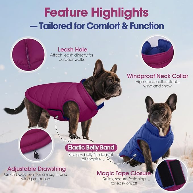 QBLEEV Reversible Dog Winter Coat, Waterproof Windproof Dog Jacket with Adjustable Fit & Leash Hole, Lightweight Warm Puffer Vest for Large Breeds, Purple, 2XL – Fits Labrador, Husky, Weimaraner