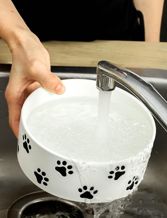 6.5 Inch White Ceramic Dog Bowl with Paw Print Pattern - Porcelain Wide Mouth Dog Food or Water Bowls, Large Feeding Pet Bowls for Indoor Medium Sized Dogs, for Wet or Dry Food