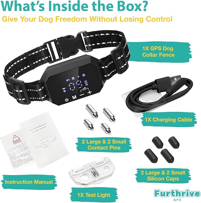 Furthrive GPS Dog Collar, Wireless Dog Fence 100–3280 ft Circular Boundary, Waterproof GPS Dog Collar Fence System Outdoor Electric Pet Barrier with Beep, Vibration & Adjustable Training