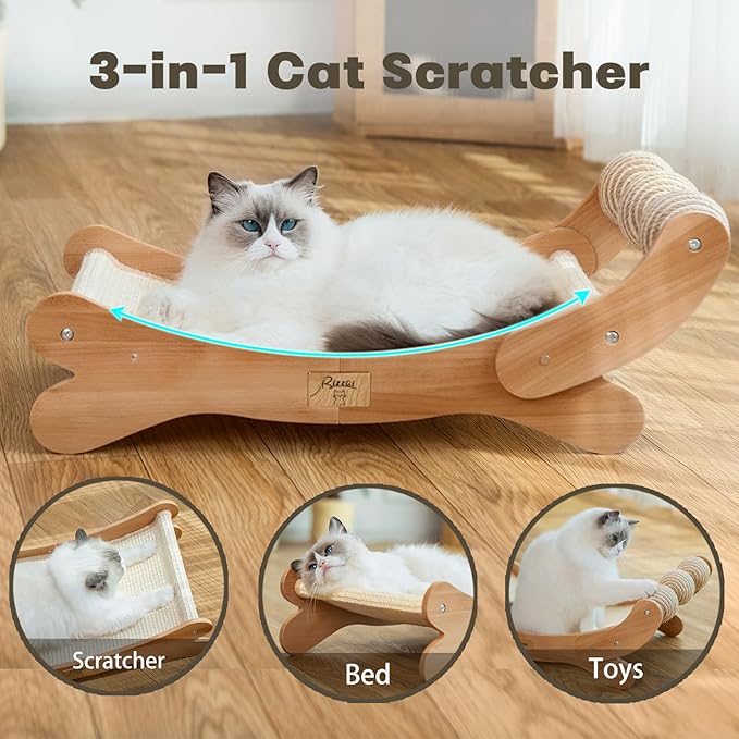 Sisal Cat Scratcher Bed with 3 Toy Balls for Indoor Cats, Durable Wooden 3-in-1 Hammock Lounge & Scratch Pad - Modern Furniture for Large Cats, Scratching Post Lounger