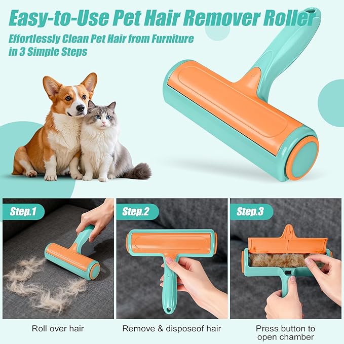 Pet Hair Removal Tool, Self Cleaning Pet Hair Remover, Reusable Lint Roller with Large Capacity Dust Bin, Ergonomic Grip for Furniture, Car Seats, Sofa, Carpet, Bed (Turquoise)