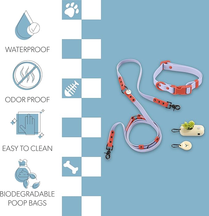WLK1004E-5SET Luna Small 8FT Adjustable 6-in-1 Waterproof Hands-Free Leash and Collar with LED Flashlight, Bag Dispenser, and Poop Bag Holder, Sangria