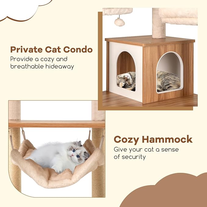 Tangkula Tall Cat Tree, 68 Inch Modern Wood Cat Tower with Sisal Scratching Posts, 3 Padded Perches, Condo, 2-in-1 Ladder, Dangling Balls, Washable Cushions for Indoor Cats Large Adult (Natural)